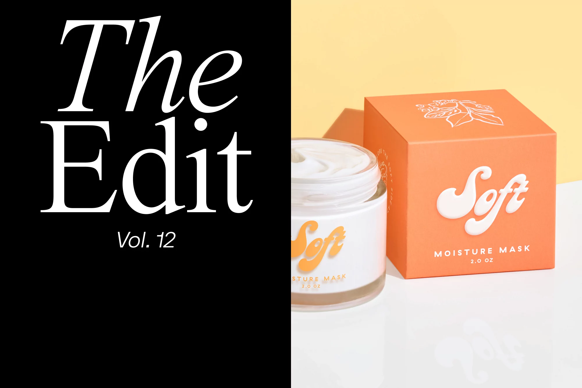 An orange jar of moisture mask and its box are displayed on a white surface against a yellow background, next to black text that reads 'The Edit Vol. 12'.