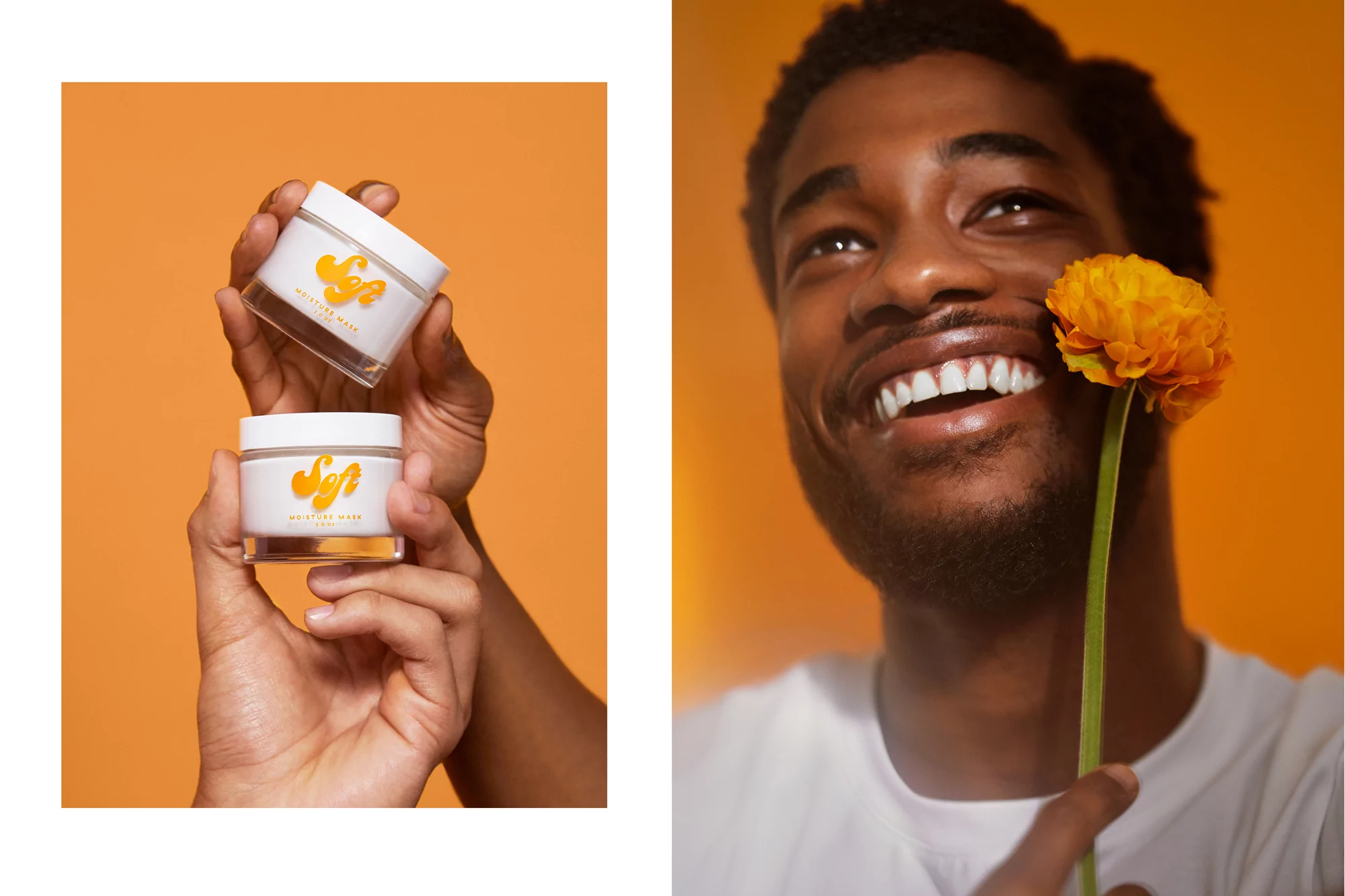Two jars of skincare product held by a hand, and a black male holding an orange flower, all against an orange backdrop.