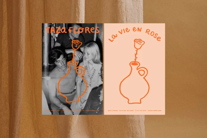 Taza Flores brand identity graphics featuring vintage black and white photography with orange line art and typography.