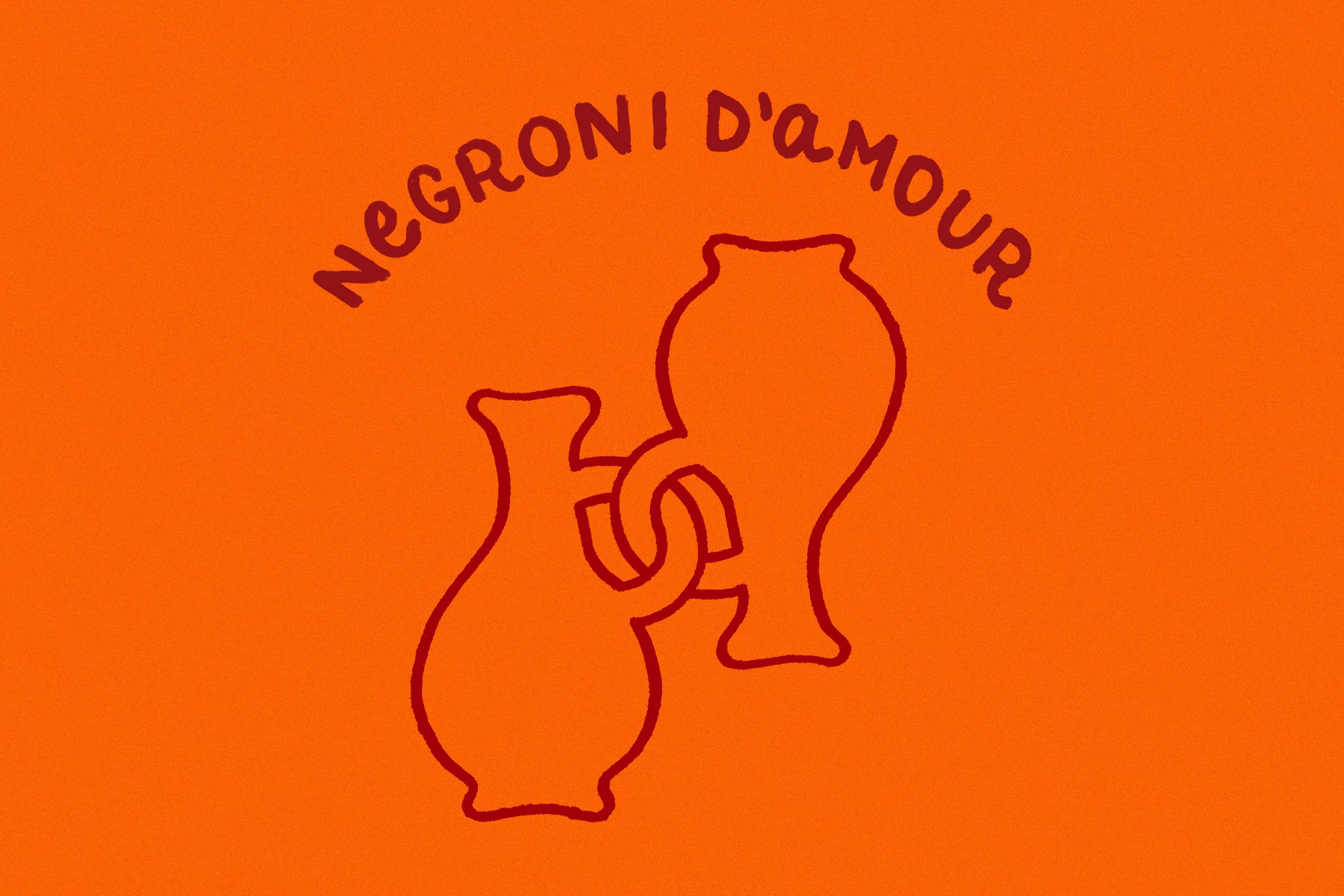 Illustration of two intertwined vases against an orange background, with the text 'Negroni d'amour' arched above the objects.