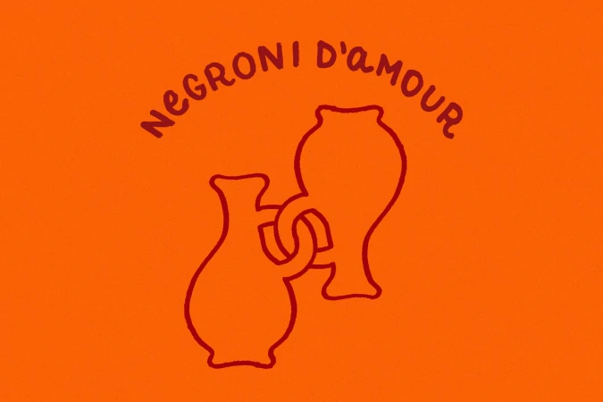 Illustration of two intertwined vases against an orange background, with the text 'Negroni d'amour' arched above the objects.