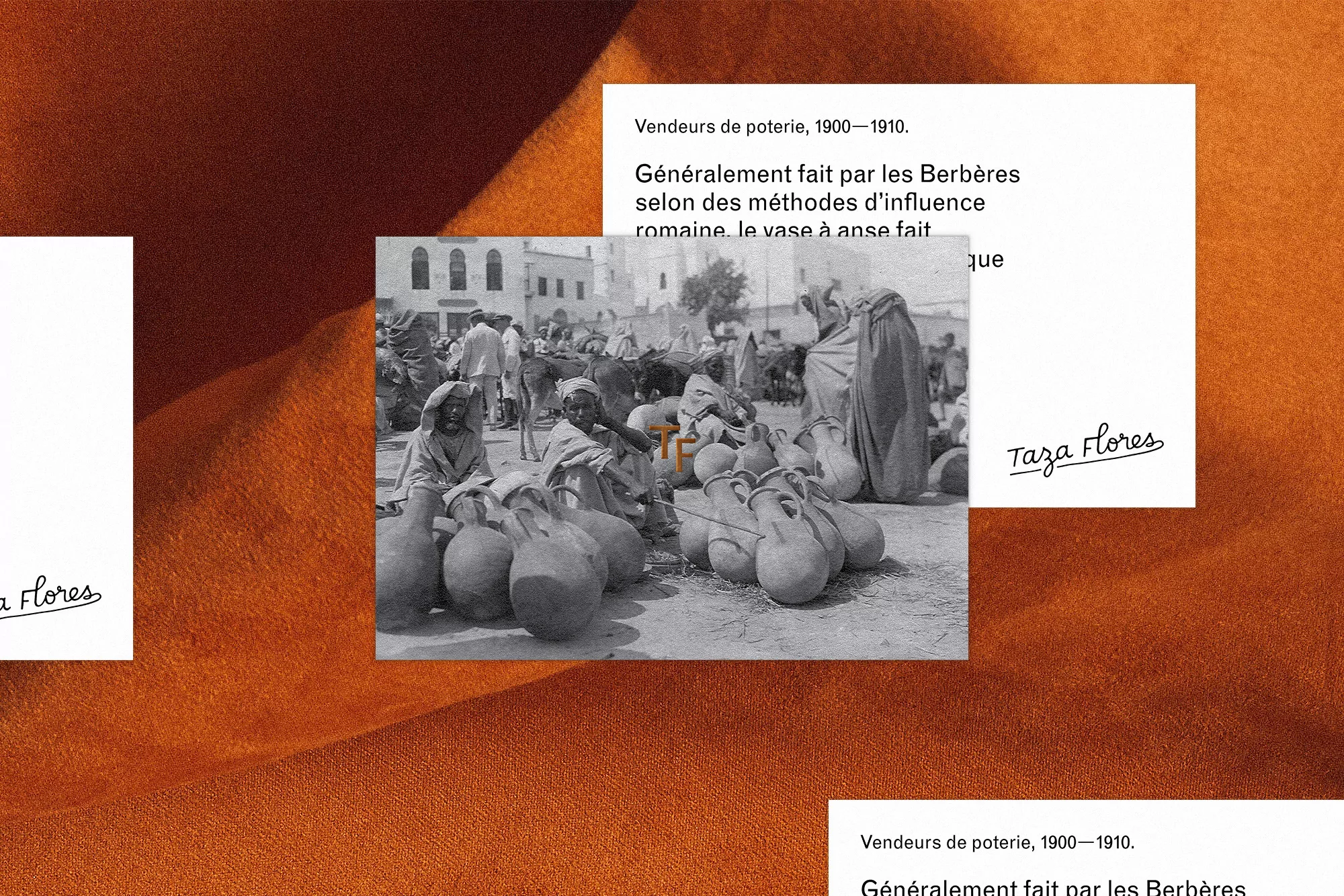 Berber pottery vendors are depicted in a vintage black and white photograph overlayed on a textured background in shades of orange and white.