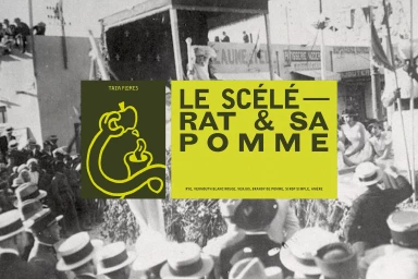 Vintage black and white crowd scene overlaid with modern graphic typography and a yellow illustration for Taza Flores