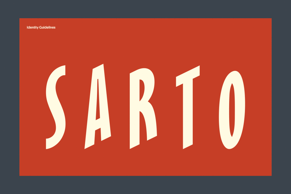 Lettering art featuring the word SARTO in stylized, cream-colored font against a red background, with Identity Guidelines text in the upper corner.