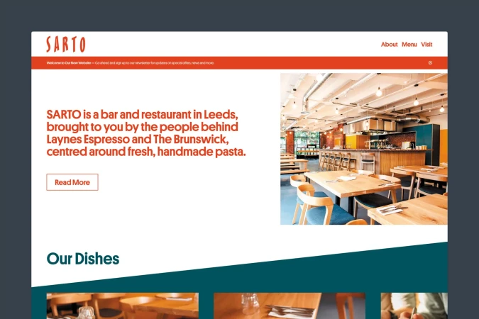 Website design for SARTO, a bar and restaurant in Leeds. The homepage features a photo of the restaurant's interior and tables.