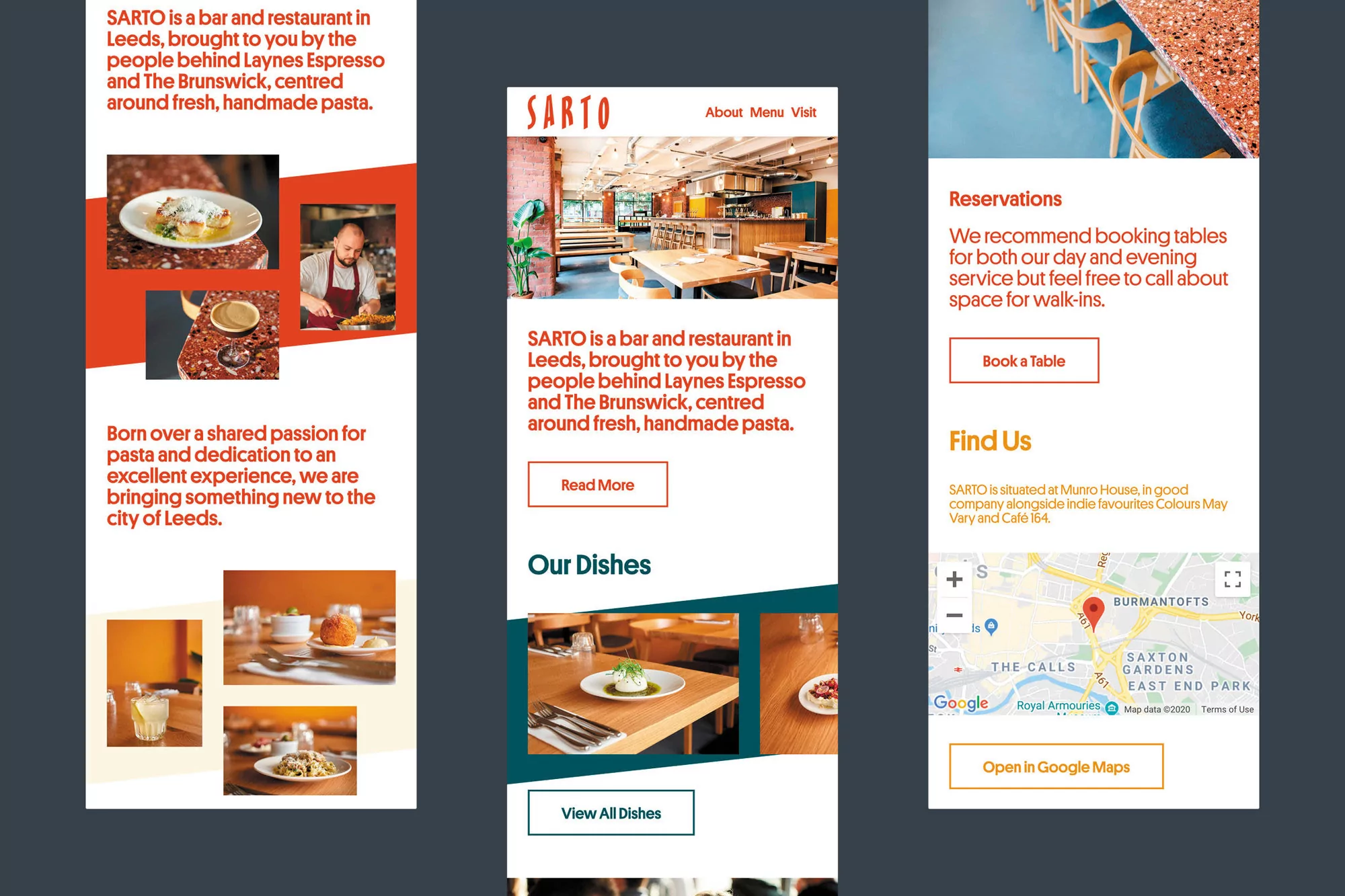 Restaurant advertisement features food photography, interior design, and a location map promoting SARTO, a bar and restaurant in Leeds.