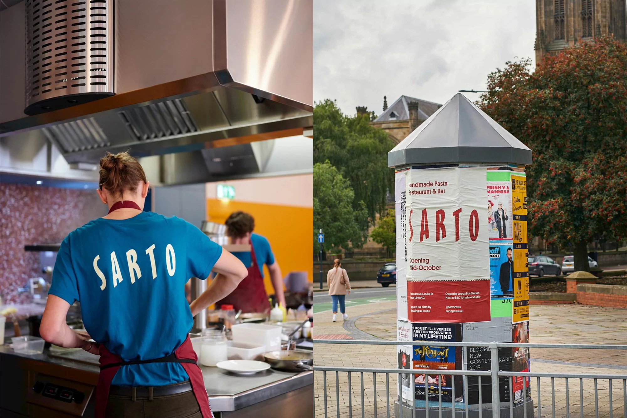 Split-screen showcases cooks at work in a restaurant kitchen alongside a poster column in a city with brick buildings and trees.