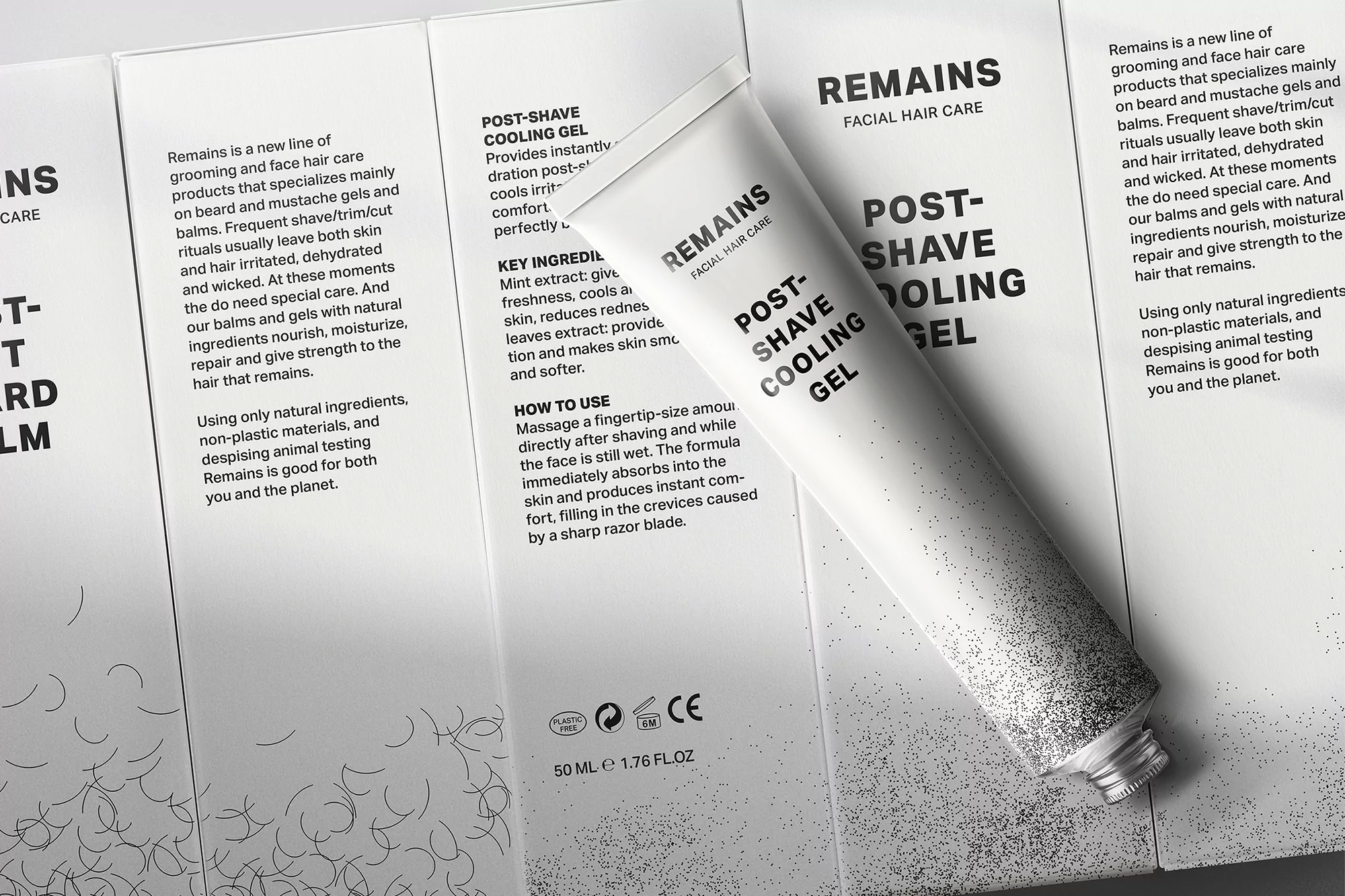 Remains facial hair care product tube on packaging. Post-shave cooling gel in a white and silver tube shown with product information.