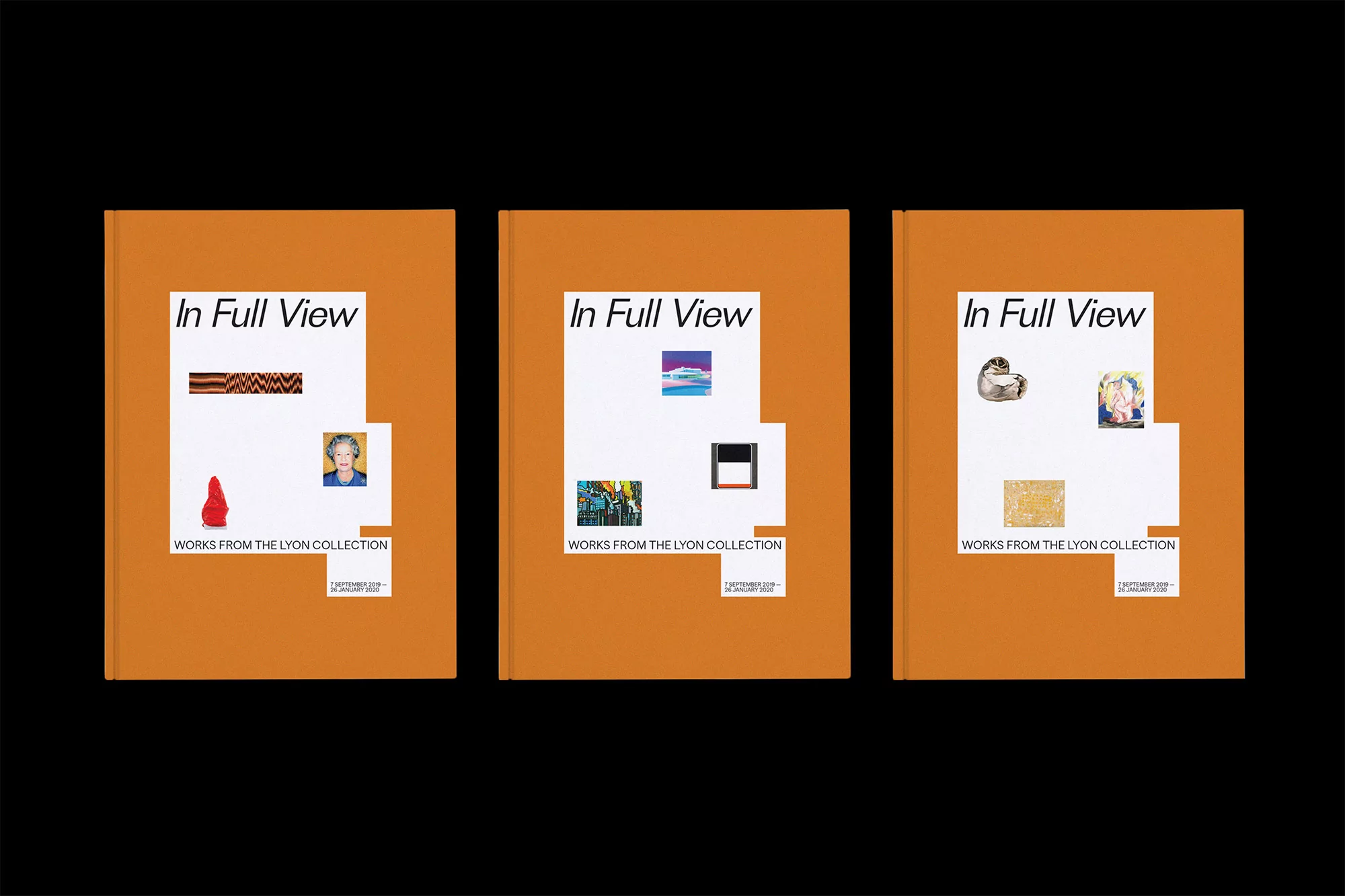 Three orange book covers featuring abstract art and text 'In Full View: Works from the Lyon Collection', displayed on a black background.