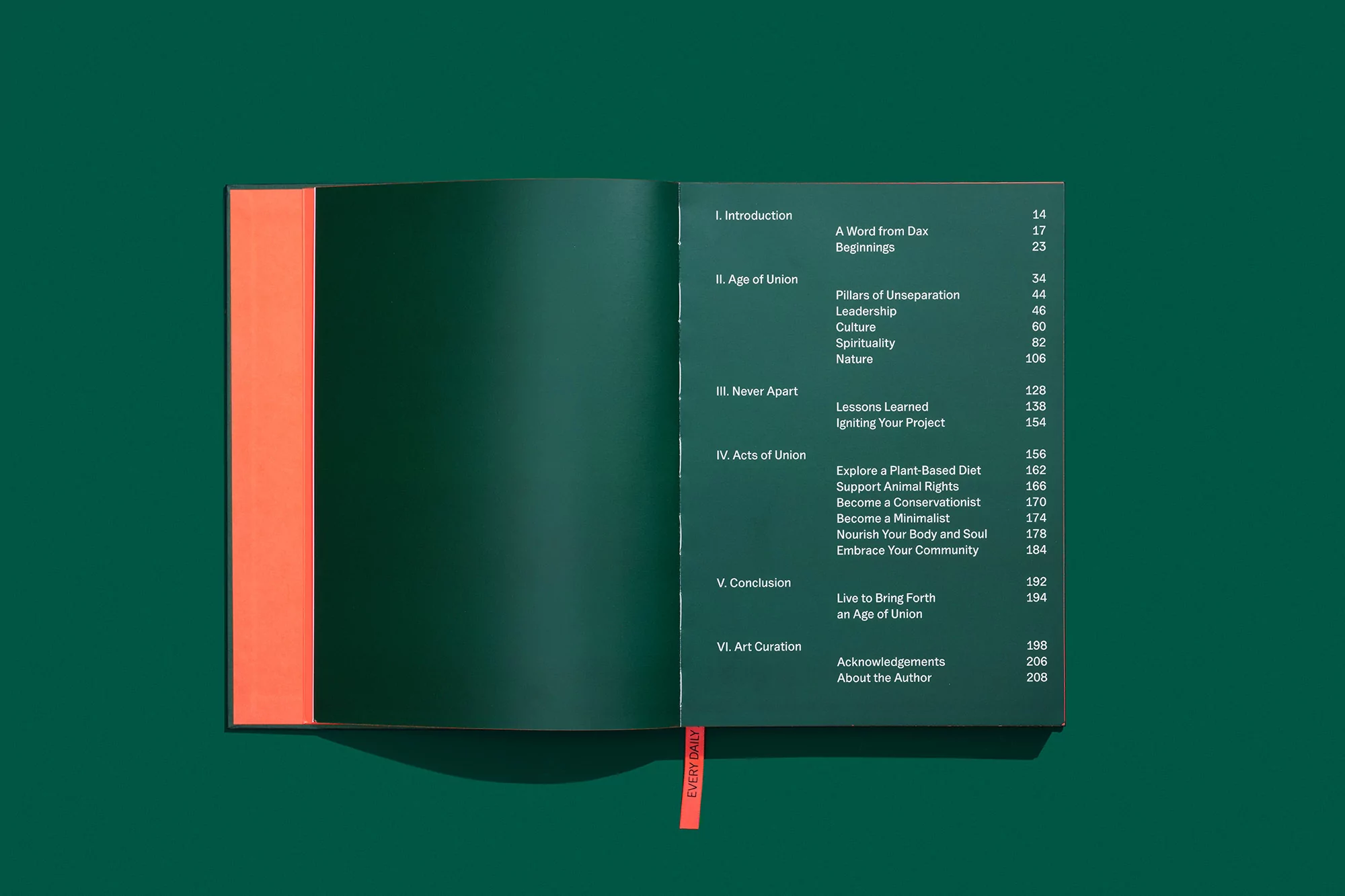 Open book with green pages and an orange cover, displaying various chapter titles such as 'Age of Union' and 'Never Apart'.
