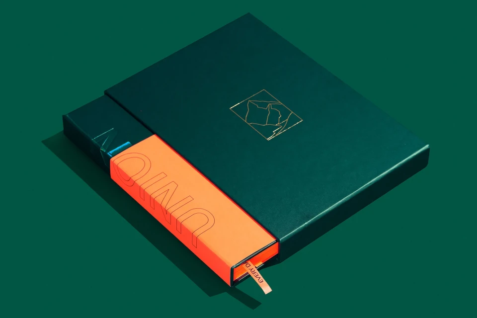 Elevated product shot on green backdrop featuring a dark green box with gold logo, and an orange rectangular product with white text.
