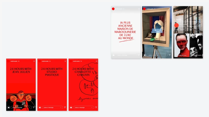 Compilation of Instagram stories featuring illustration, text, and photography, primarily in red, white, and black.
