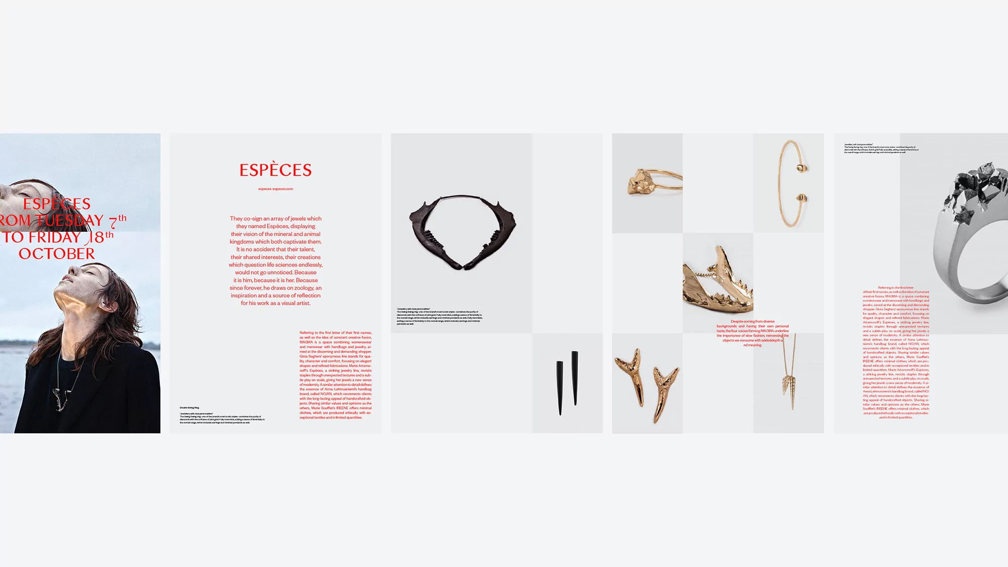 Editorial layout for ESPÈCES, featuring jewelry pieces displayed on a white background with a portrait of a person with neck decoration.