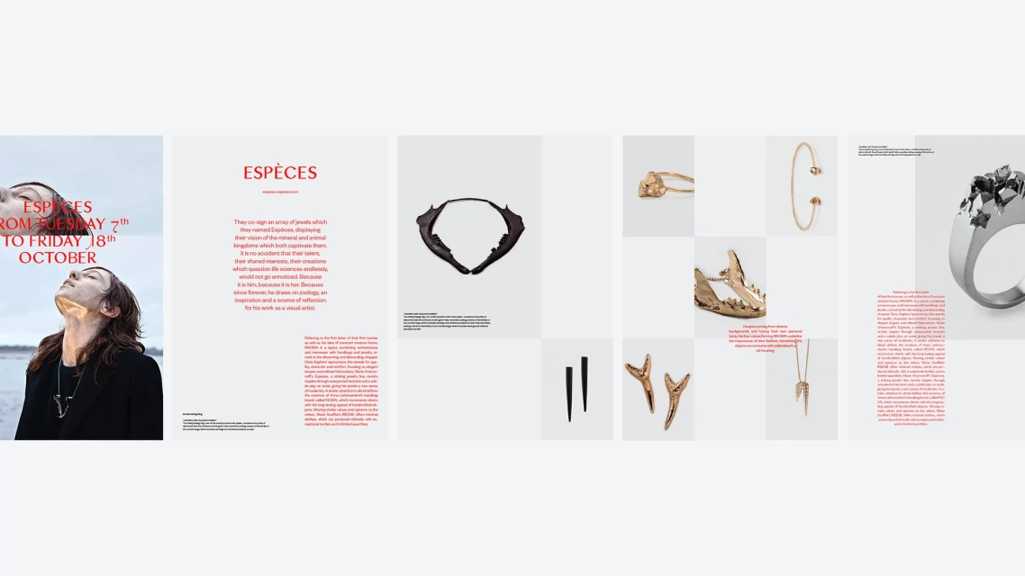 Editorial layout for ESPÈCES, featuring jewelry pieces displayed on a white background with a portrait of a person with neck decoration.
