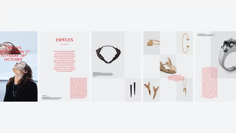 Editorial layout for ESPÈCES, featuring jewelry pieces displayed on a white background with a portrait of a person with neck decoration.