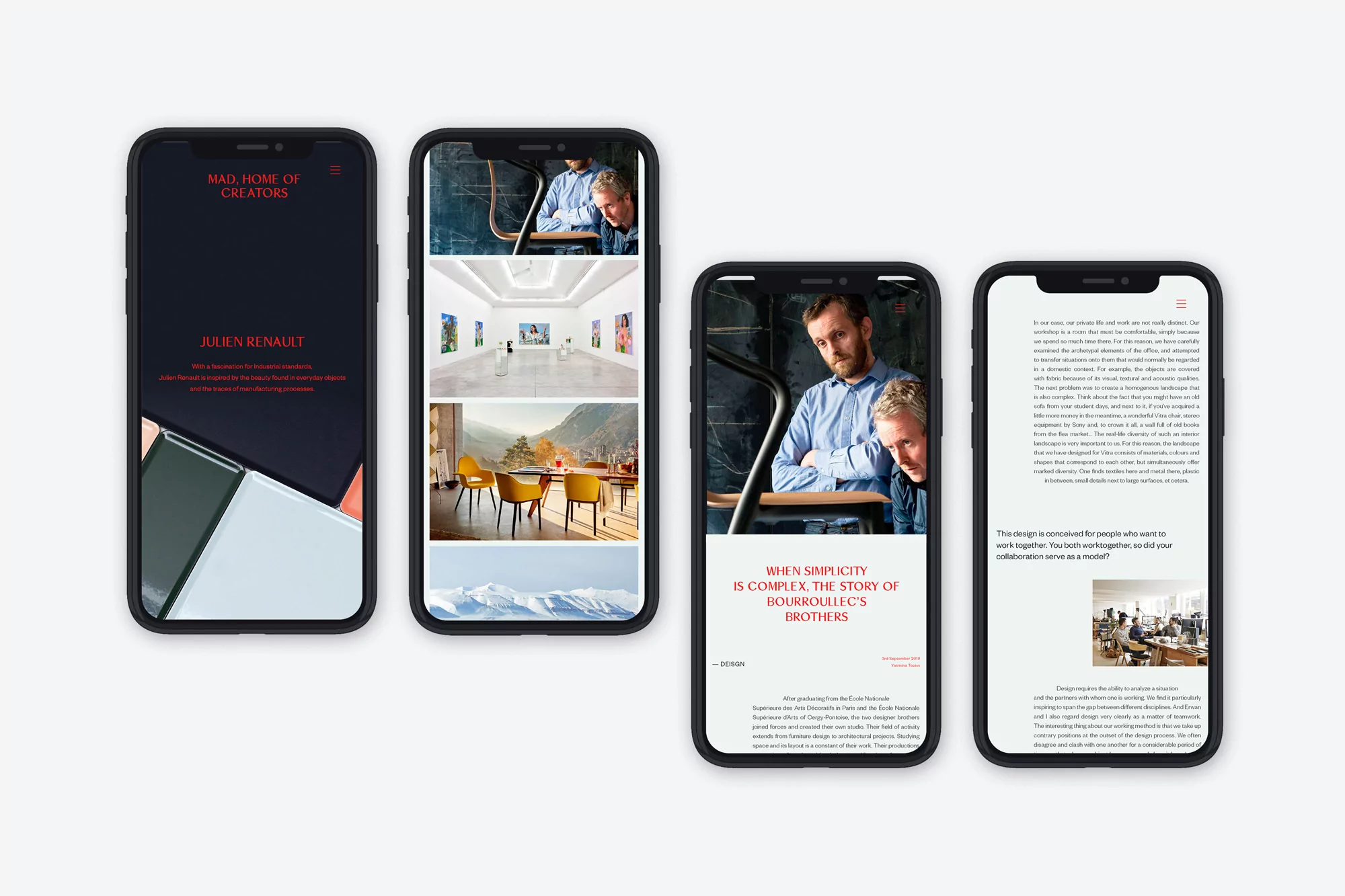 Four smartphones displaying a creative directory app interface with featured designers and architectural projects against a plain background.