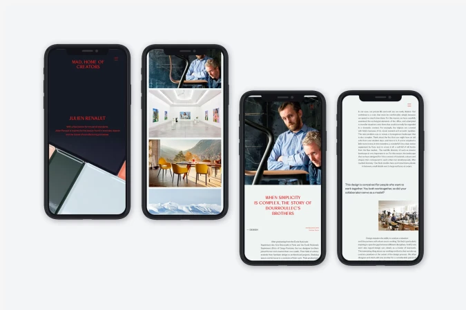 Four smartphones displaying a creative directory app interface with featured designers and architectural projects against a plain background.