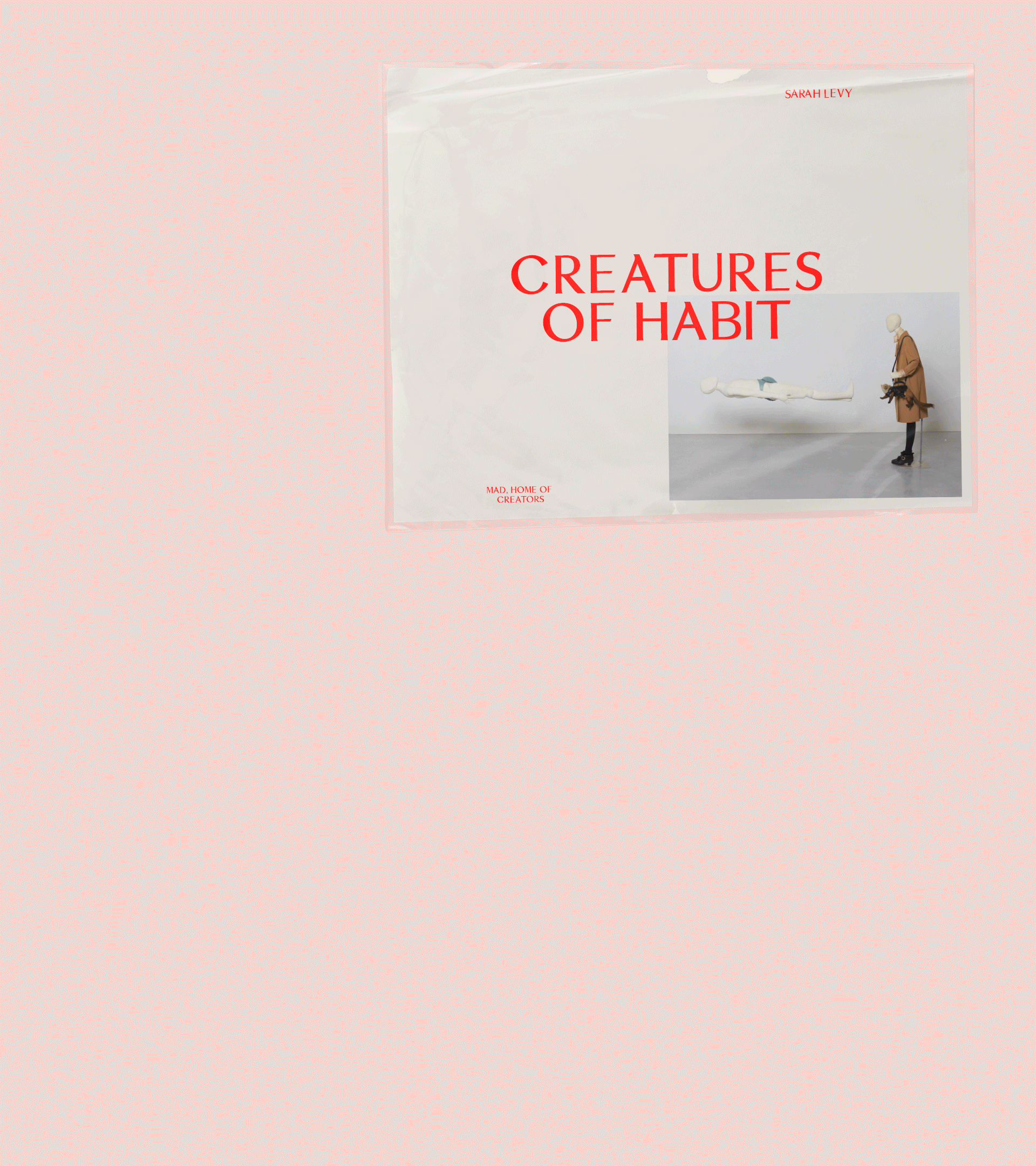 Creatures of Habit book cover featuring a person looking at an art installation inside an art gallery. Saint Levy's logo is on the upper-right.