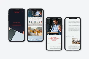 Four mobile phones displaying mobile responsive web pages for MAD brand identity designed by Stoëmp Studio against a plain white background