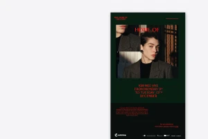 MAD brand identity poster featuring typographic layouts, red text, and portrait photography on a dark green background.