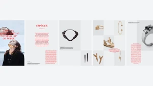 Editorial spread layout showcasing various gold and dark jewelry pieces, typography, and a portrait of a person.