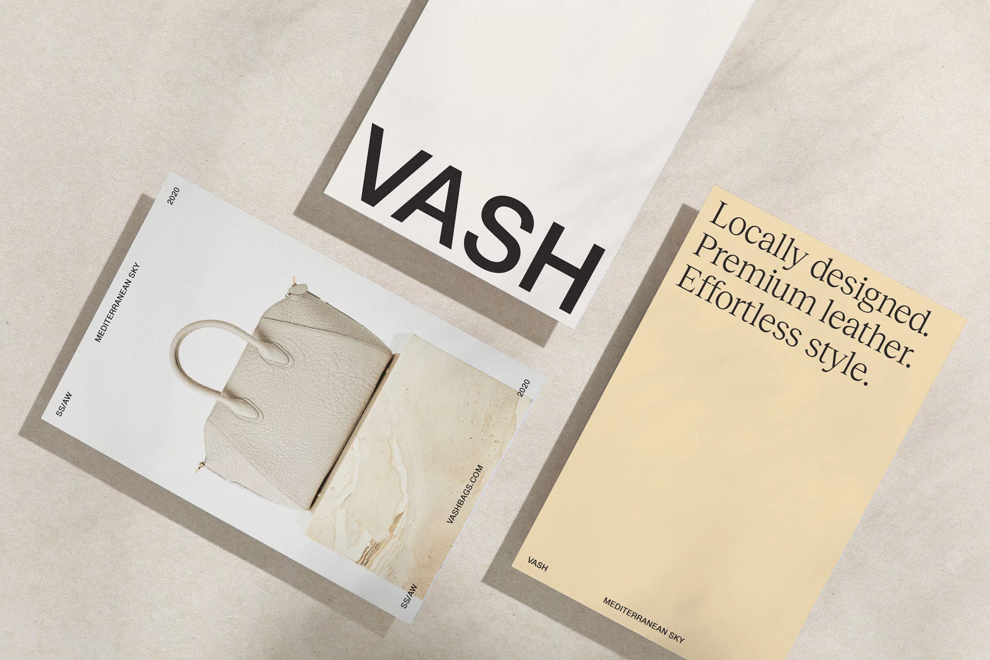 Promotional flat lay features a handbag displayed on a white background with informational text and a brand logo for visual marketing.