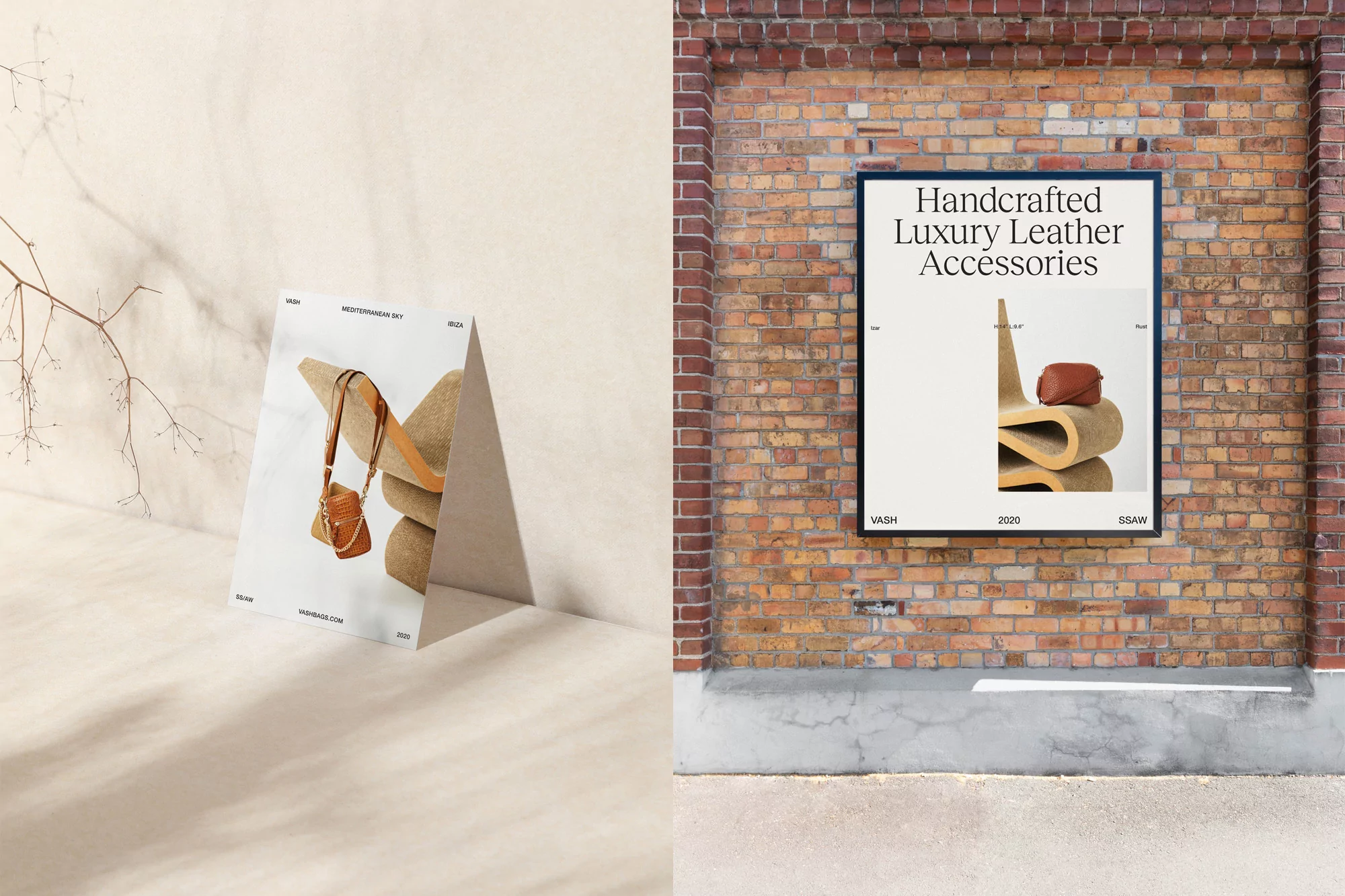Two fashion accessories posters: one propped up indoors, the other mounted on a brick wall outdoors with neutral color scheme.