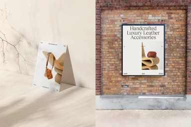 Mockup of VASH handcrafted luxury leather accessories brand identity with promotional posters featuring brown leather bags on curved sculptural forms