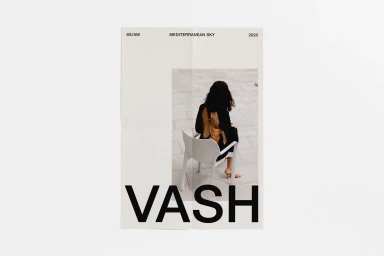 Poster for VASH featuring a woman seated on a white chair with bold black typography against an off-white paper background