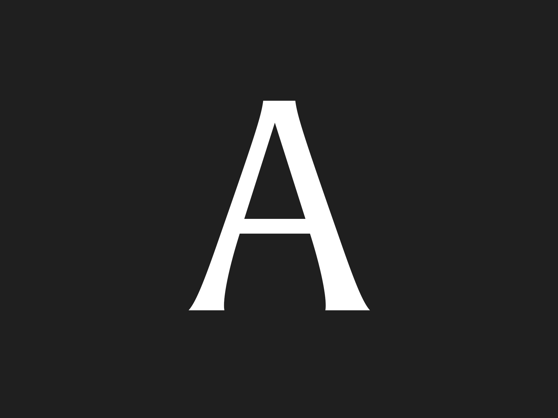White letter A with serifs, centered on a dark gray background. Simple typographic design for various creative applications.