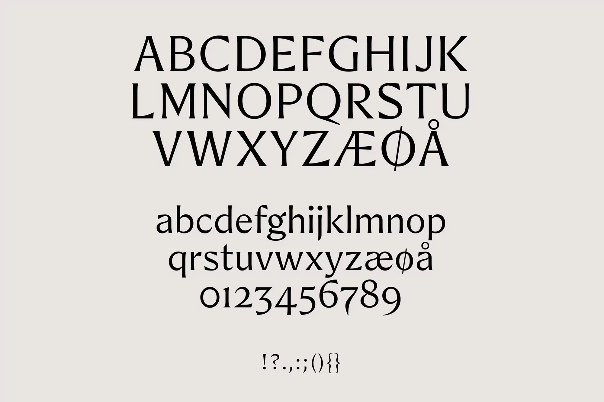 Detailed typographic sample of a serif font with upper and lowercase letters, numbers, and punctuation on a neutral background.