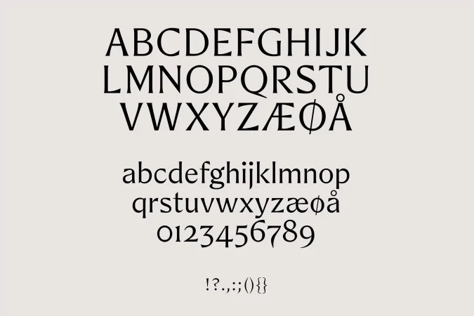 Detailed typographic sample of a serif font with upper and lowercase letters, numbers, and punctuation on a neutral background.