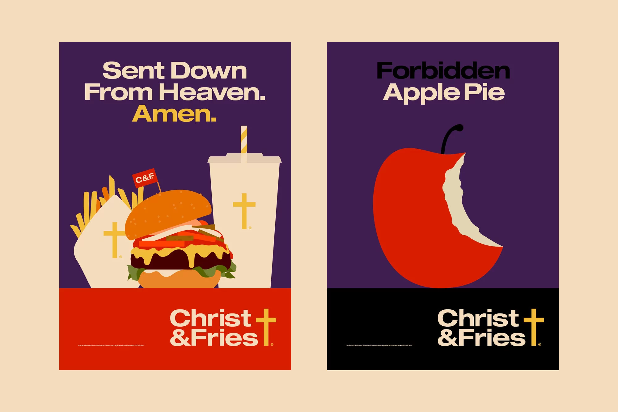 Two graphic posters. The first features a burger, fries, and a drink with the text 'Sent Down From Heaven. Amen.' The second features an apple pie with the text 'Forbidden Apple Pie'.