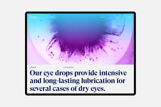 Tablet displaying a website for eye drops featuring a gradient background and descriptive text about intensive and long-lasting lubrication.
