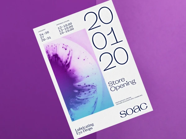 Promotional poster with opening hours and dates for SOAC Lubricating Eye Drops store, set on a purple textured background.