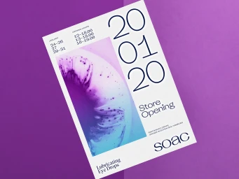 Store opening event poster featuring typography and abstract purple fluid graphics on a vibrant purple background