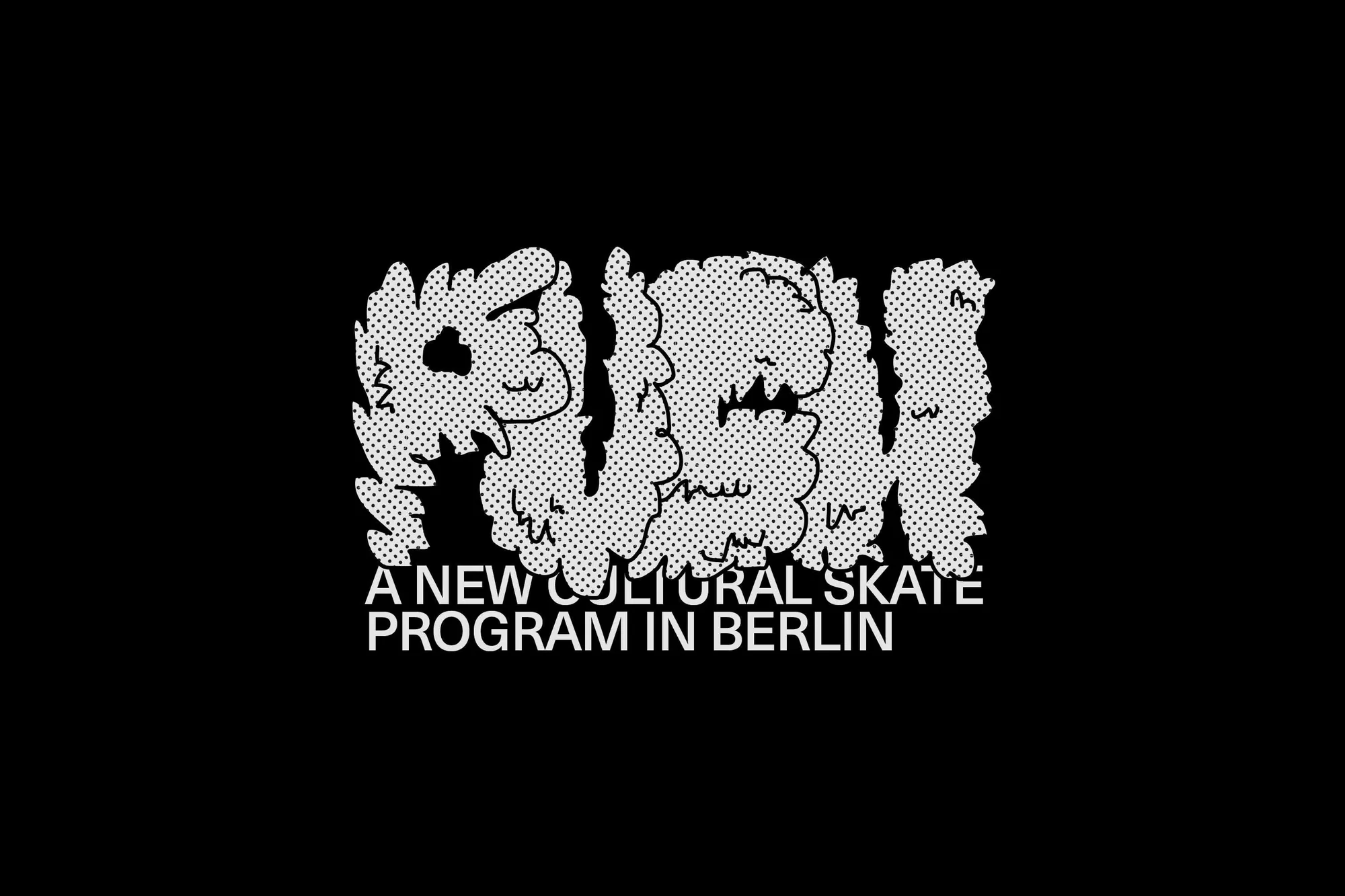 Monochromatic image featuring the word "PUSH" in a unique bubble letter style with a cultural skate program text in Berlin.