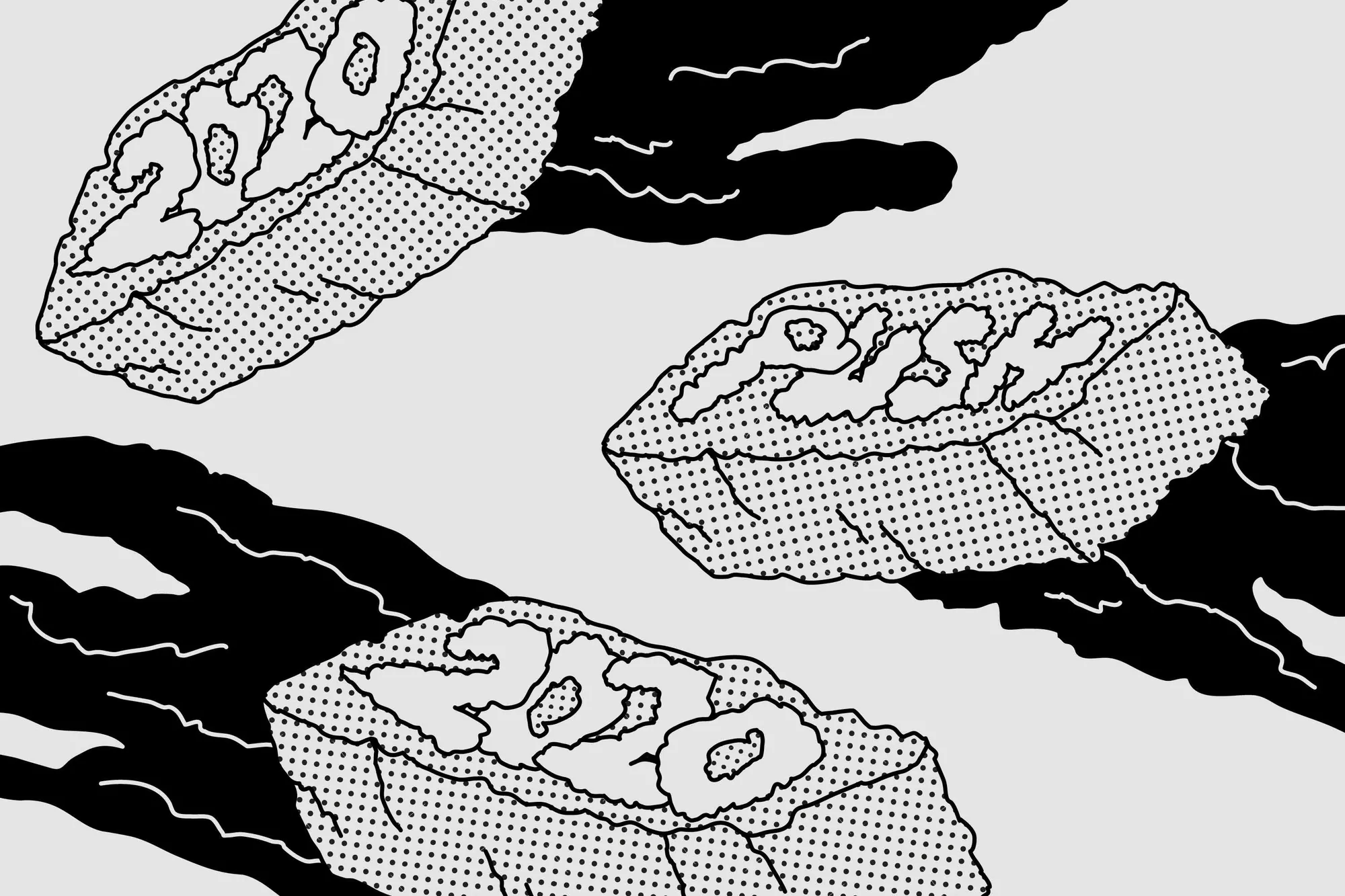 Graphic art with three dotted stone tablets featuring '2020' and 'PLSH' inscriptions, set against a grey backdrop with dark shadow-like elements.