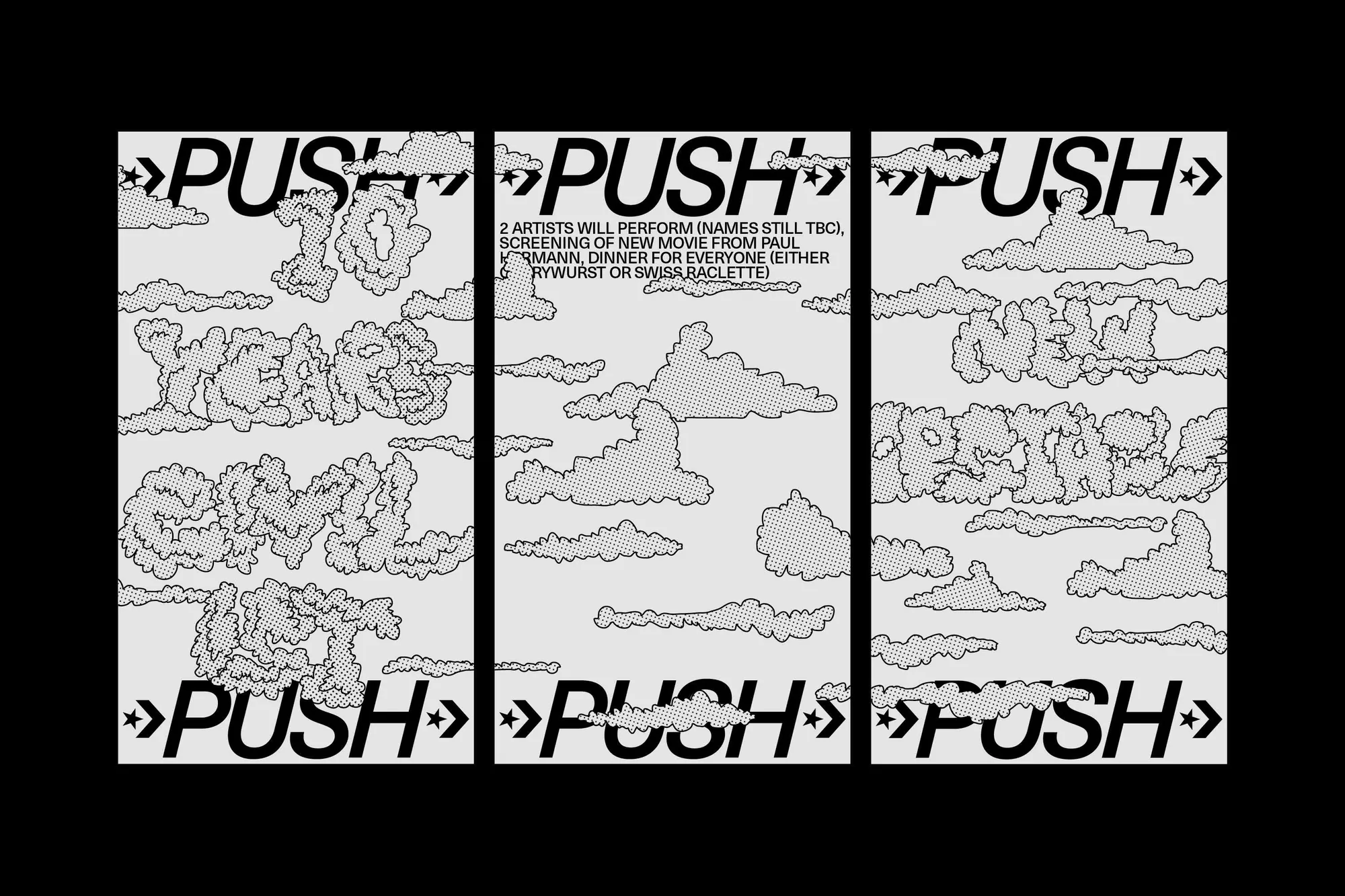 Promotional poster featuring the text 'PUSH 10 Years Sowl Repeat' against a backdrop of cartoonish clouds, promoting a music or art event.