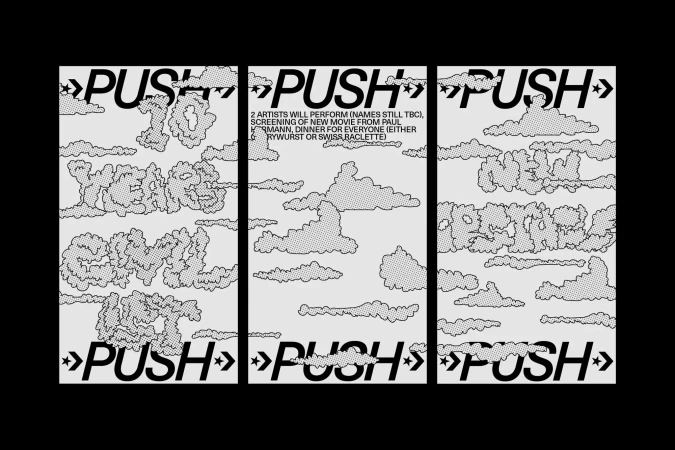 Promotional poster featuring the text 'PUSH 10 Years Sowl Repeat' against a backdrop of cartoonish clouds, promoting a music or art event.
