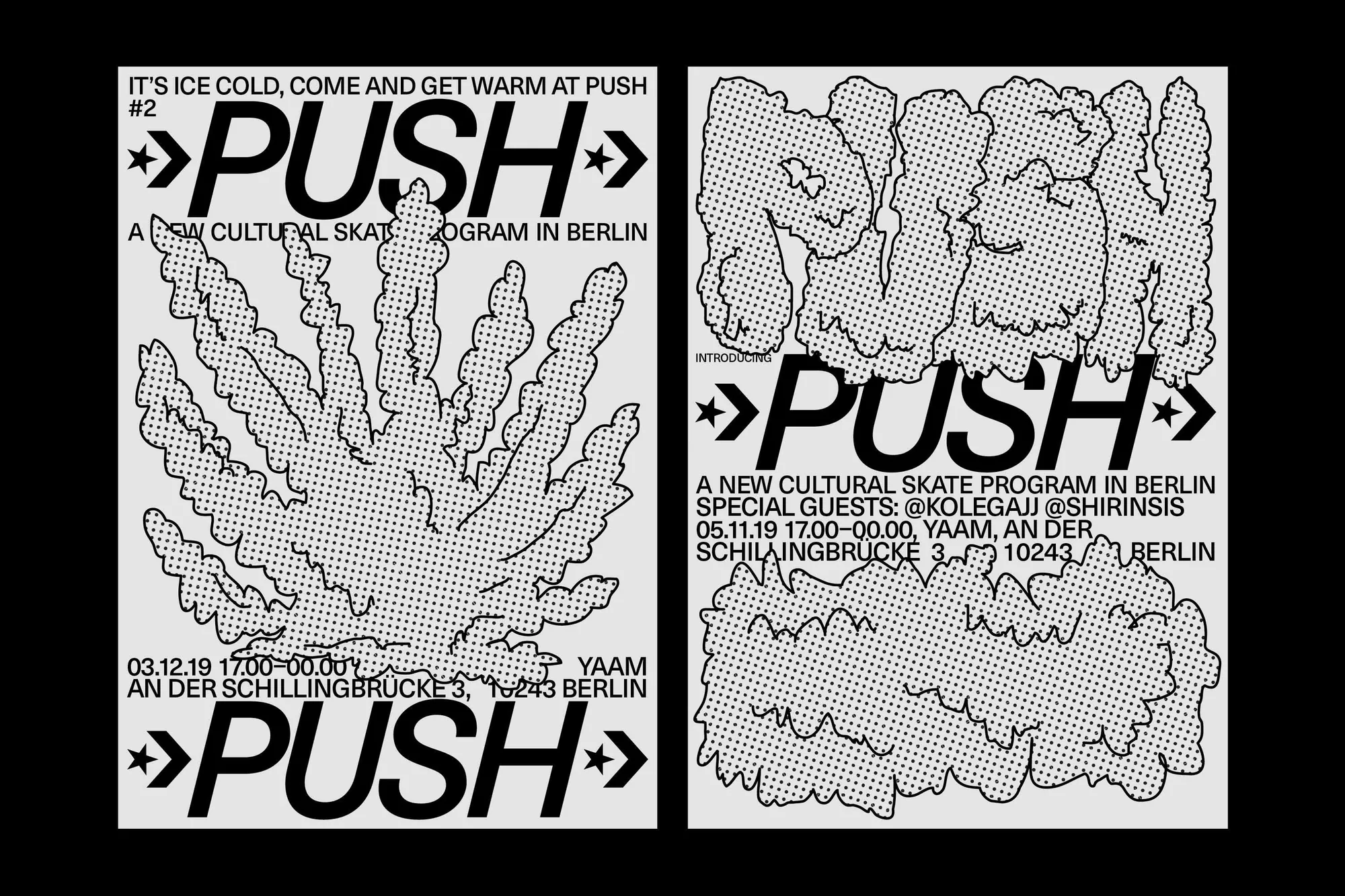 Black and white flyer art promoting a skate program in Berlin, featuring stylized text and graphic design elements for visual interest.