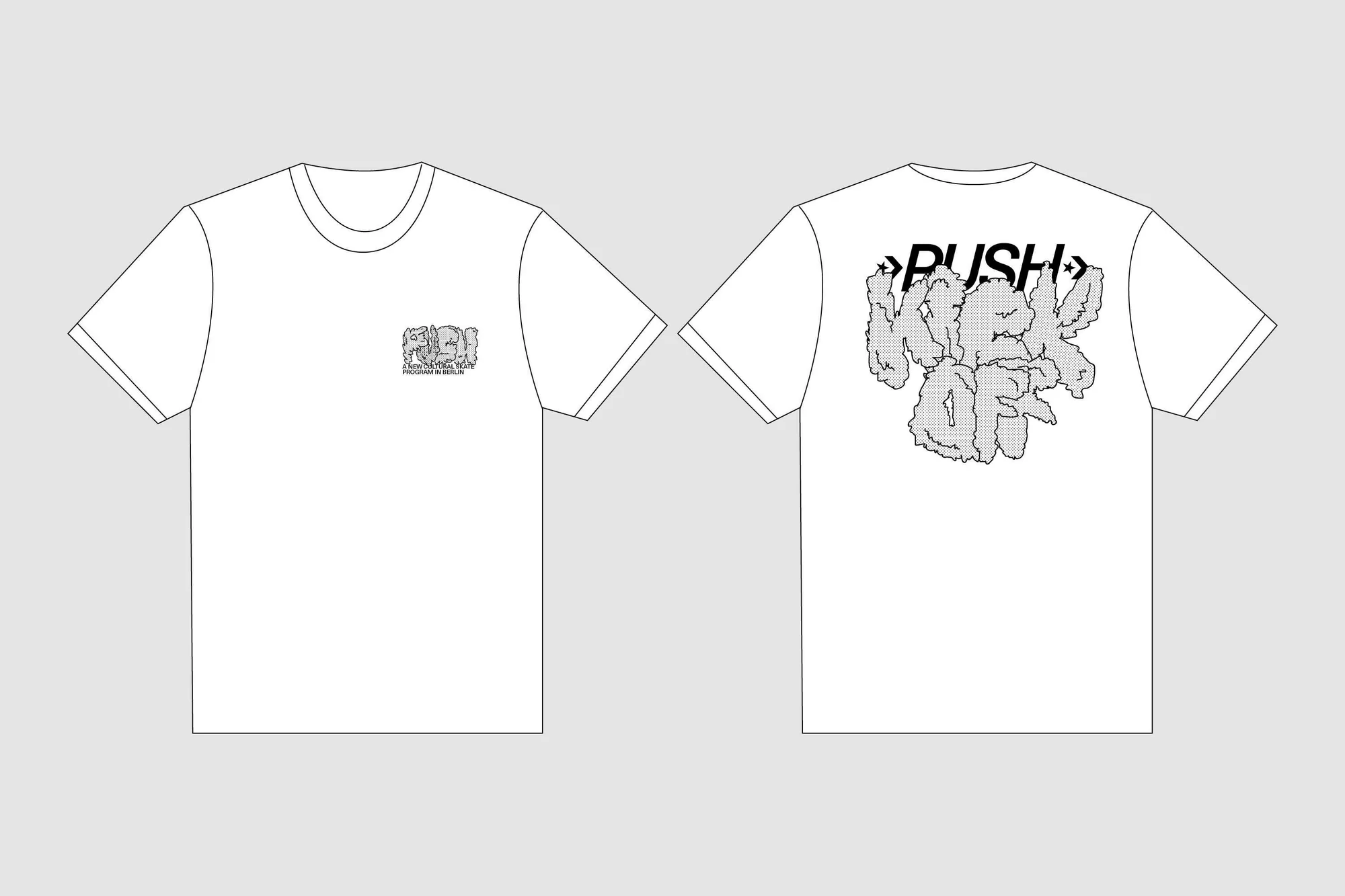 Two white t-shirts are displayed on a gray background; one shirt shows the front design, and the other shows a back graphic.