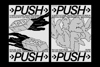 Black and white graphic design posters featuring bold PUSH typography, halftone textures, and event details for Berlin skate programs.