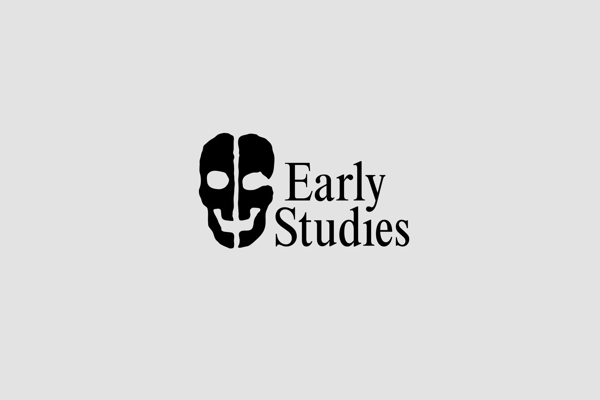 Graphic art design of abstract skull combined with text "Early Studies" in black on a gray background.