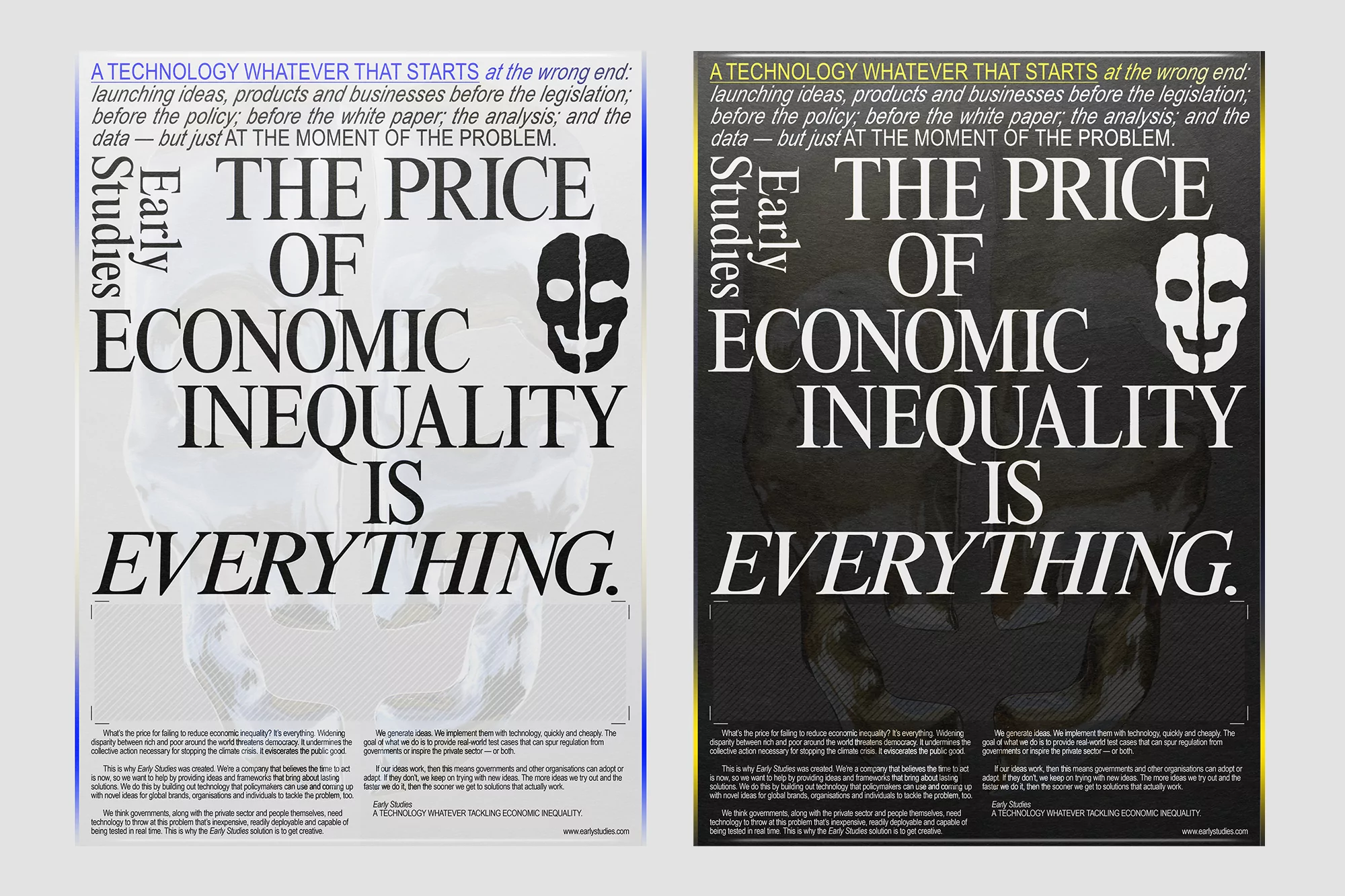 Two posters side-by-side, featuring the title "The Price of Economic Inequality is Everything," with a stylized mask-like image.