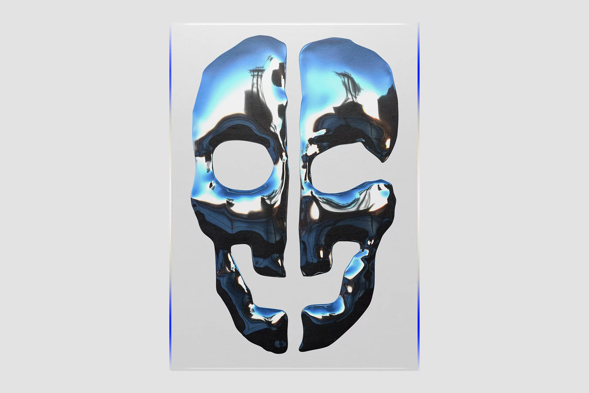 Abstract art features a face-like design in dark blue and black, with a reflective quality, set against a bright white background.