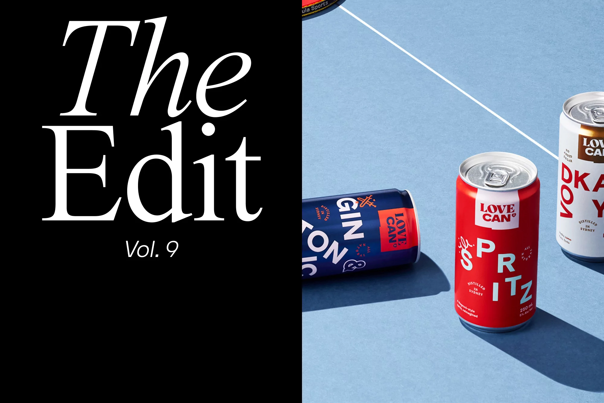 Three aluminum cans of alcoholic beverages displayed on a blue surface with a white line, promoting Love Can brand.