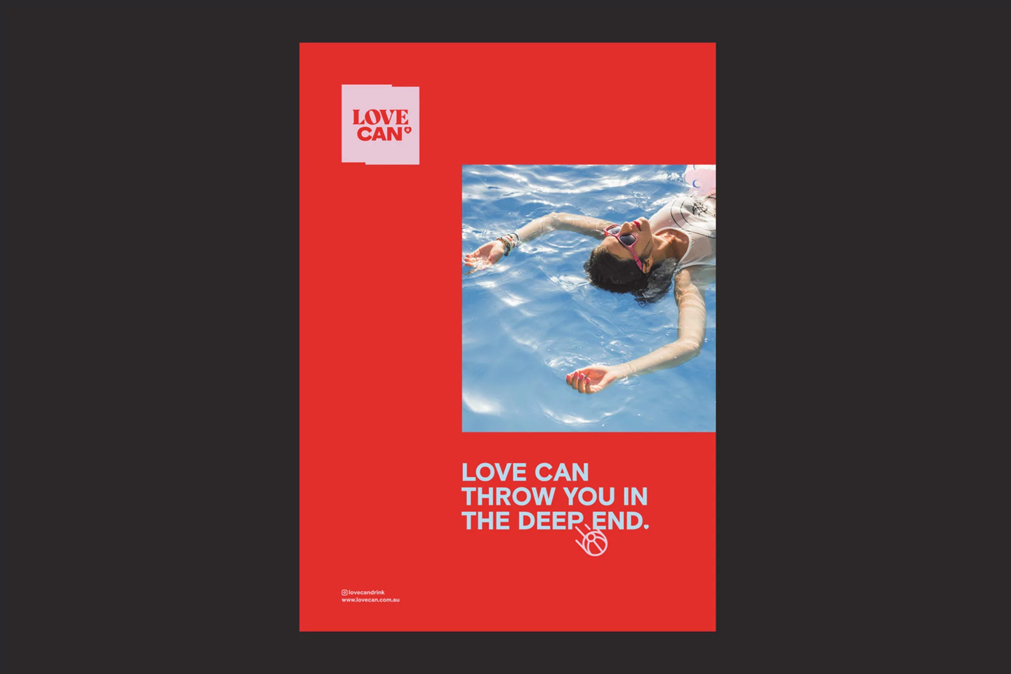 An advertisement features a woman floating in a swimming pool, with the text 'LOVE CAN THROW YOU IN THE DEEP END' displayed on a red background.
