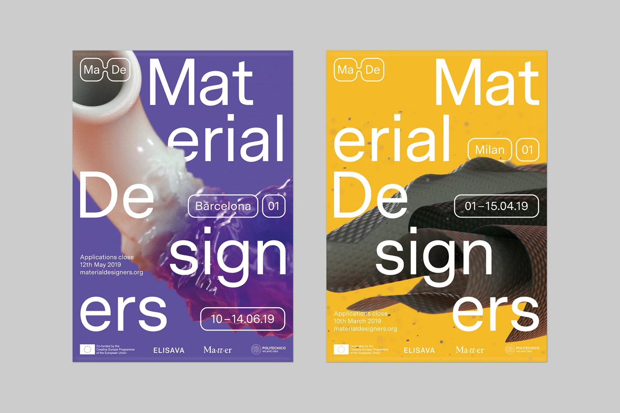 Two material design posters in purple and yellow. The left poster features a material sample in purple, while the right has brown texture.