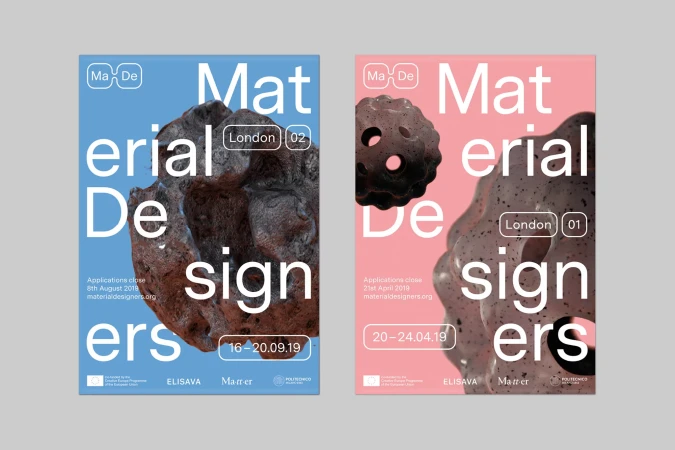 Two posters promoting a material design event in London feature geometric forms against light blue and pink backgrounds, respectively.